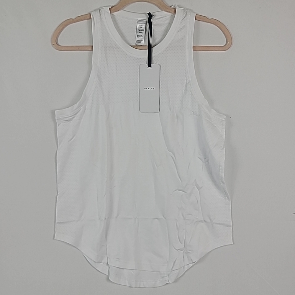 Varley Women's Dacey Longline Tank White Crew Neck Mesh Active Gym Top Sz S/M